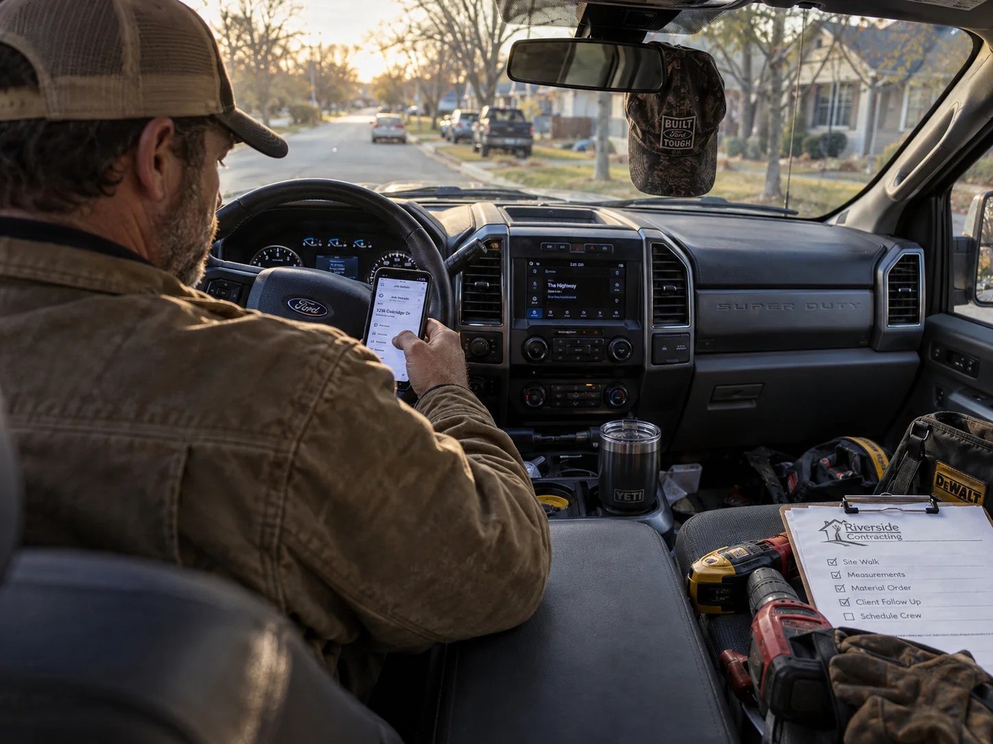 Contractor checking his phone in the cab of his work truck, with tools and a job checklist beside him