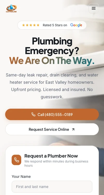 Sample plumbing website displayed on an iPhone