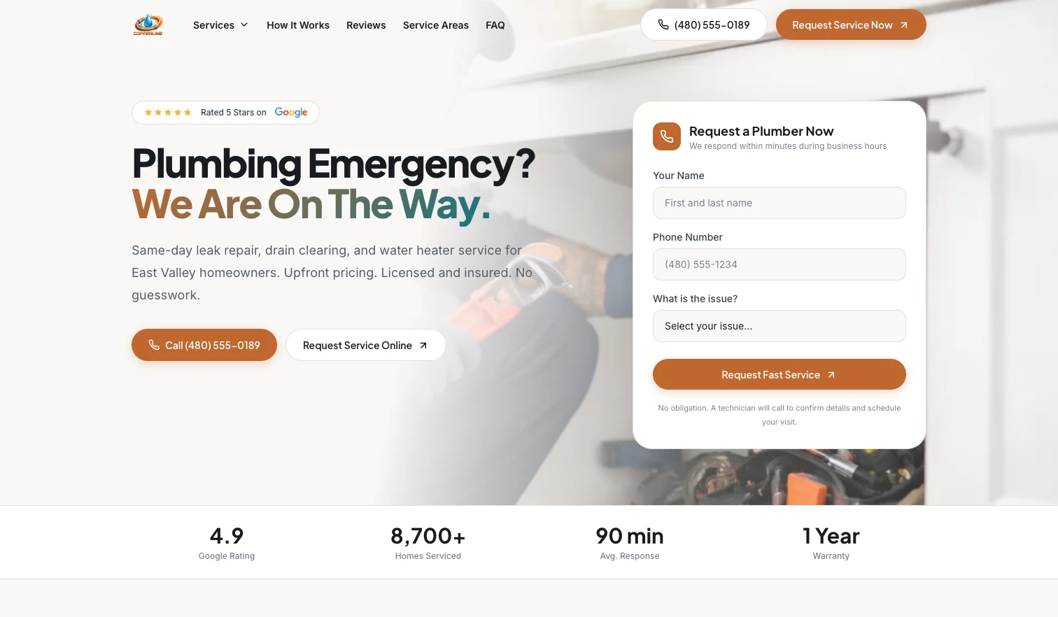 Sample plumbing website displayed on a MacBook Pro